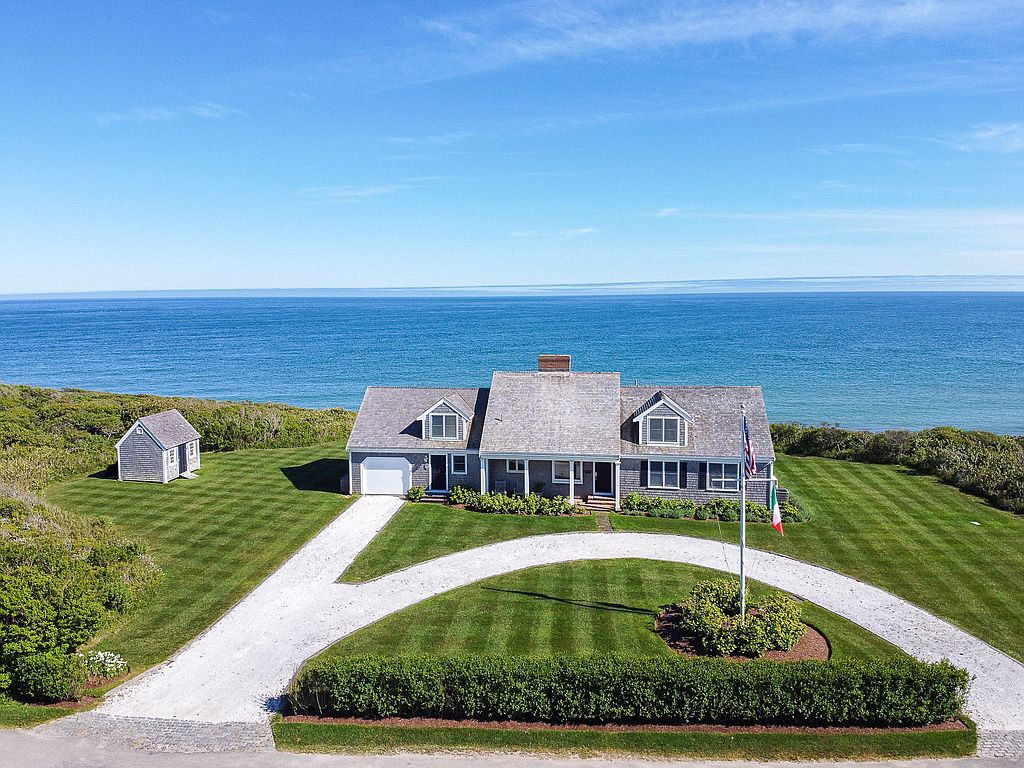 Aerial view of striped lawn on Nantucket oceanfront property