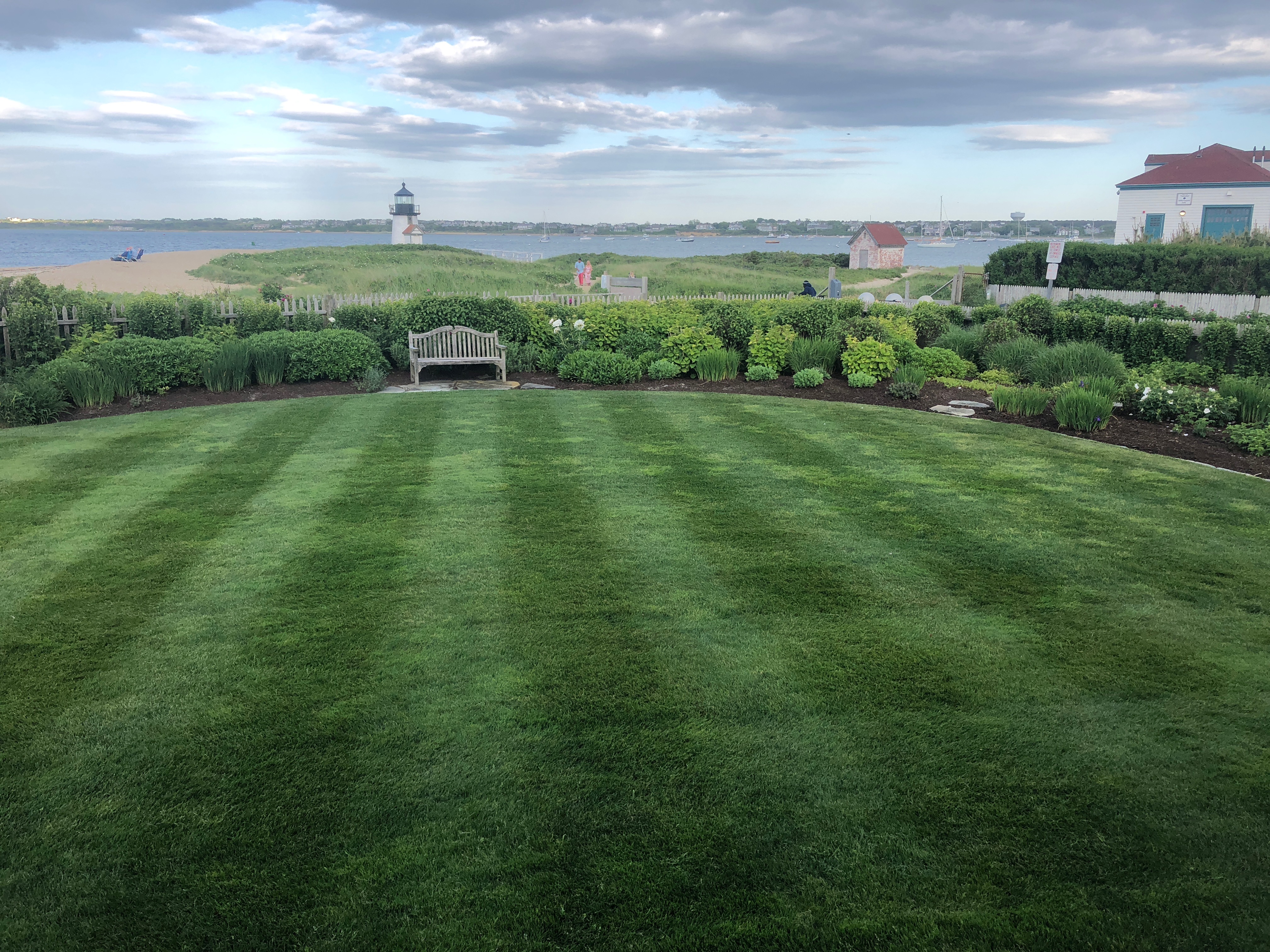 Striped lawn with Brant Point lighthouse